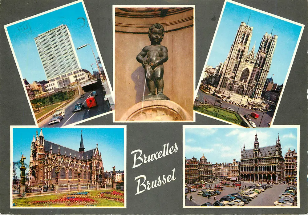 Bruxelas — vista panorâmica com a estátua de Manneken Pis, a catedral, a Grand-Place e edifícios modernos — editor Krellger, n°922/16 - Frente