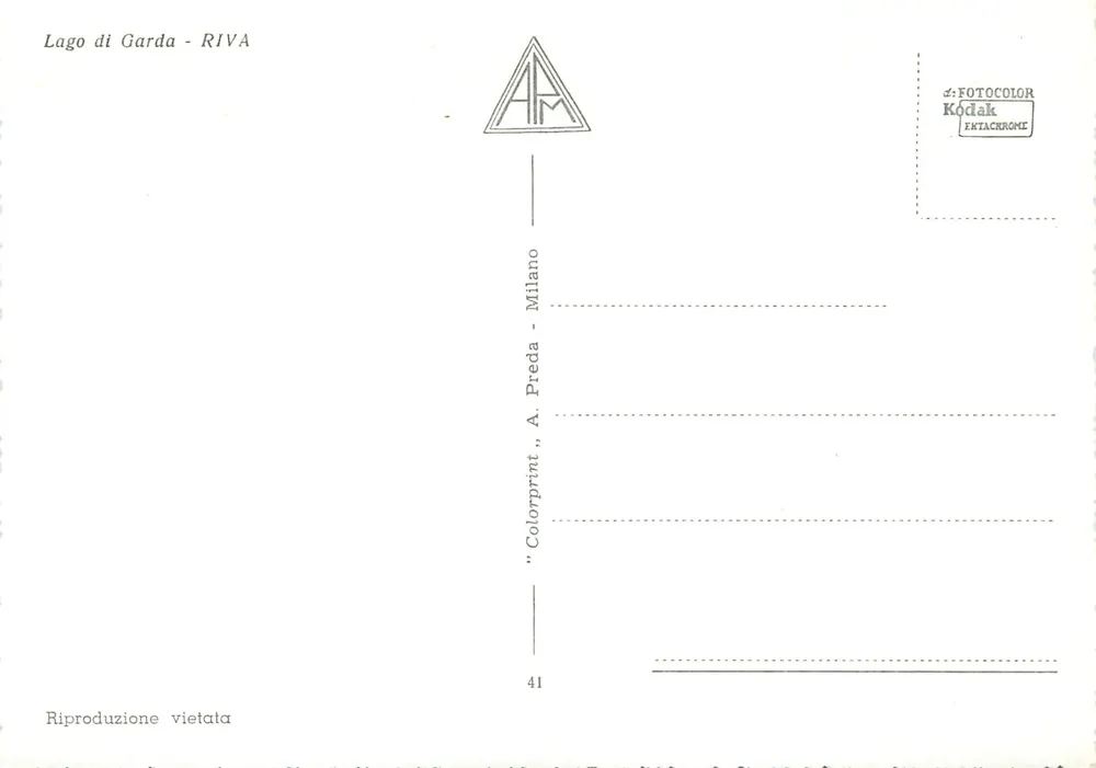 Lago di Garda - RIVA — vista panorâmica com montanhas e laranjeiras — editor A. Preda, Milão, n°41 - Verso