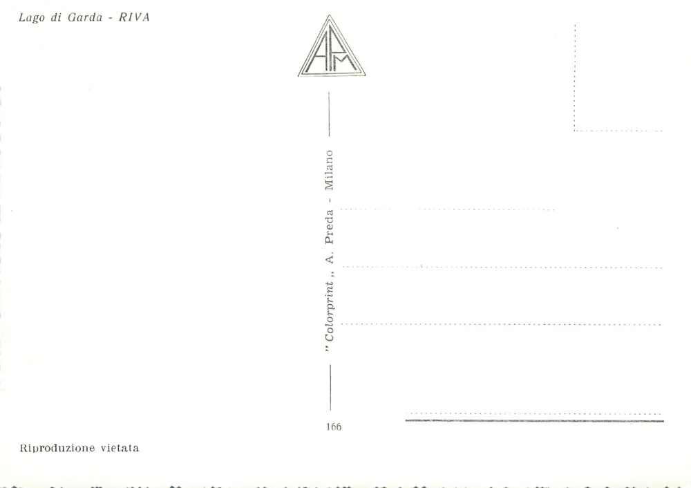 Riva del Garda — vista do porto com o hotel Sole e a torre — editor A. Preda, série 166 - Verso