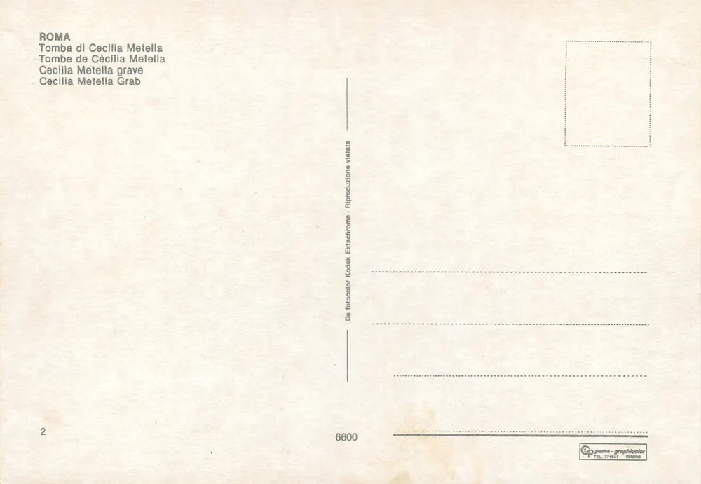 Torre da Tumba de Cécillia Metella — Roma — editor Panna-Graphicolor, n° 6600 - Verso