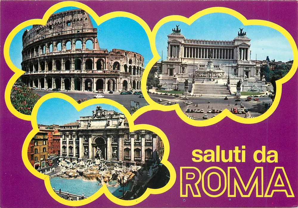Coliseu, Vittoriano e Fonte de Trevi — saudações de ROMA — editor GTO, n° 16198 - Frente