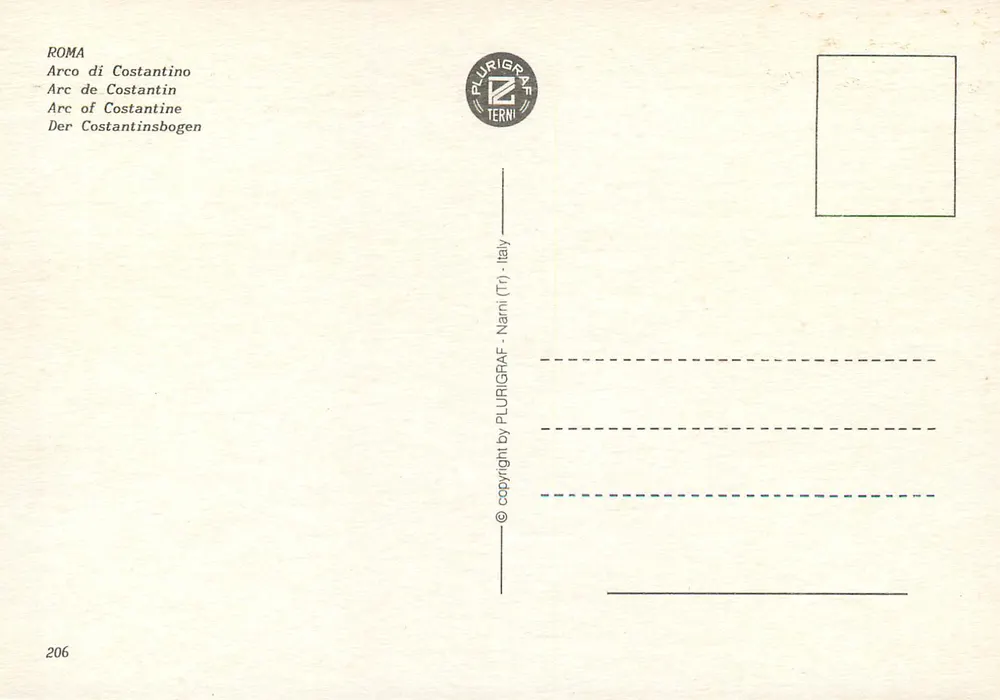 Arco de Constantino — Roma — editor PLURIGRAF TERNI, n° 206 - Verso
