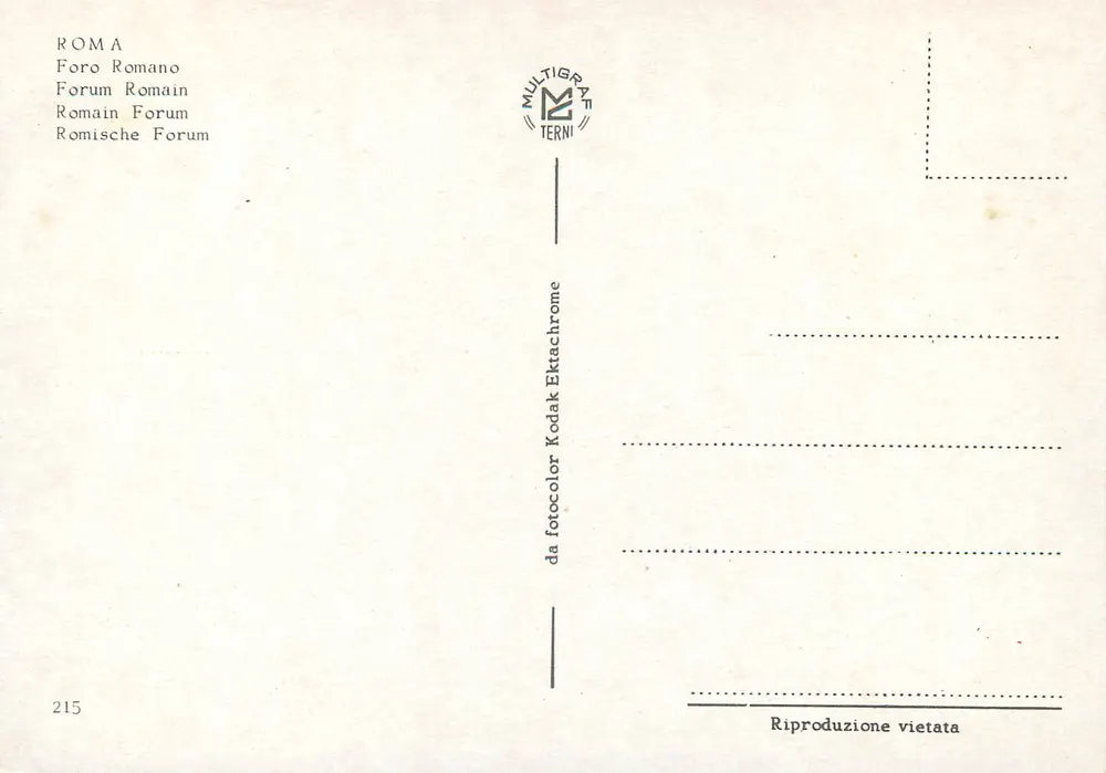 Fórum Romano — Ruínas antigas em Roma — editor MULTIGRAF TERNI, n° 215 - Verso