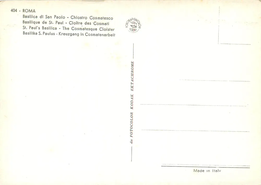 Cloître dos Cosmates - Basílica São Paulo - Roma — editor TERNI, n° 404 - Verso