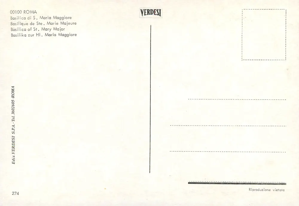 Basílica de Santa Maria Maior — Roma — Editor VERDESI n° 00100 - Verso