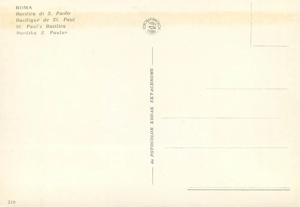 Basílica de São Paulo de Fora — editor TERNI, n° 218 - Verso