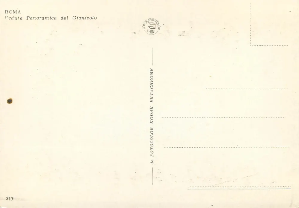 Roma — vista panorâmica do Gianicolo — editor Terni, n° 213 - Verso