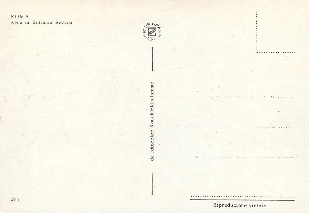 Arco de Setimio Severo — Roma — editor Purigrafe Terni, n° 285 - Verso