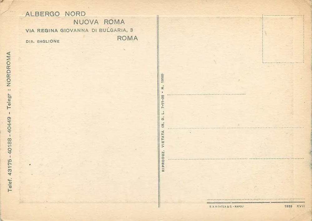 Albergo Nord Nuova Roma — Rzym — wydawca S.A. Richter & C. - Neapol, n° XVII - Rewers