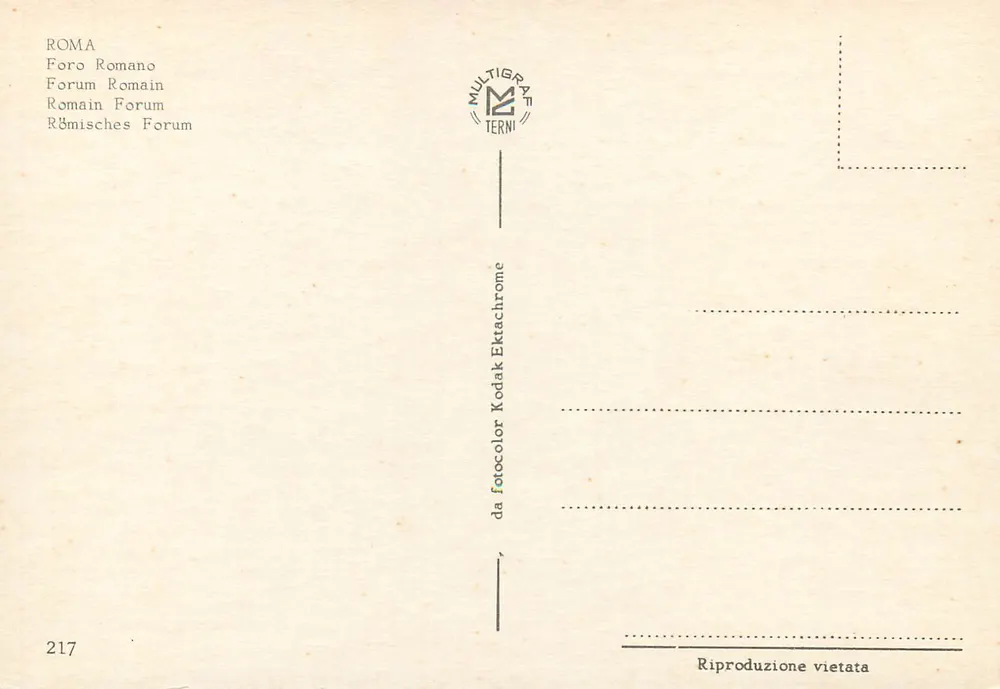 Fórum Romano — Ruínas antigas e igreja com cúpula — editor MULTIGRAF IERNI, n° 217 - Verso