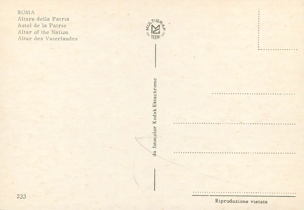 Roma — Altare della Patria e Coluna da Paz — Multigrafe Terni n°233 - Verso