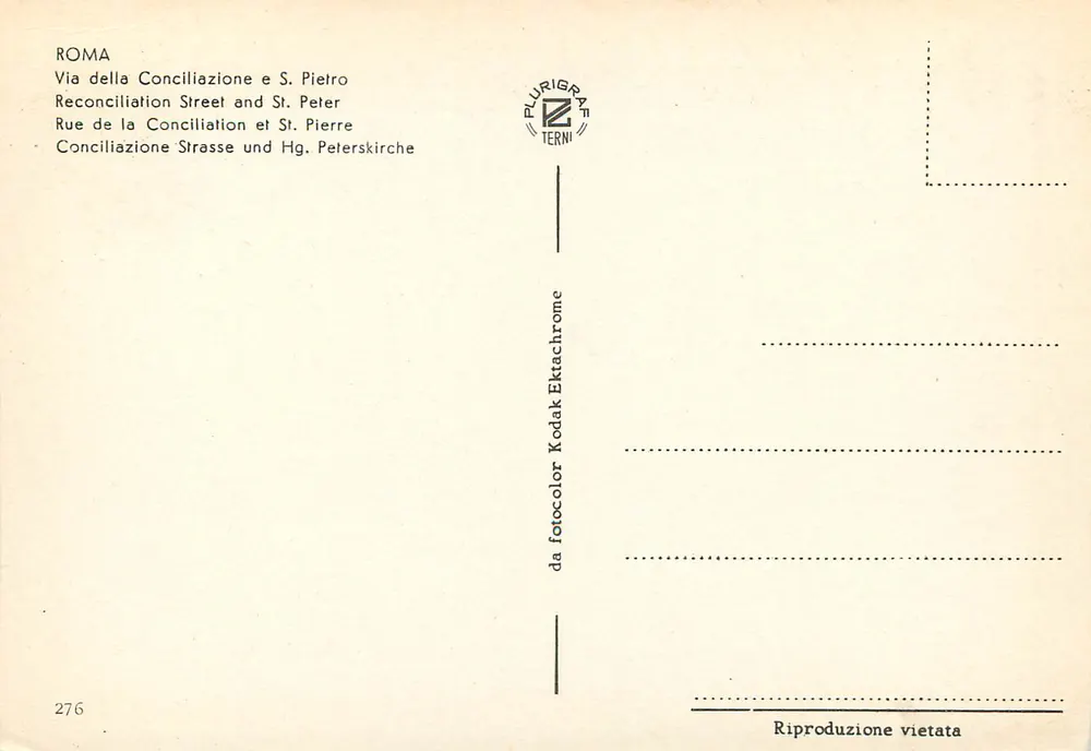 Roma - Via della Conciliazione e Igreja de São Pedro — Plurigraf Terni n°276 - Verso