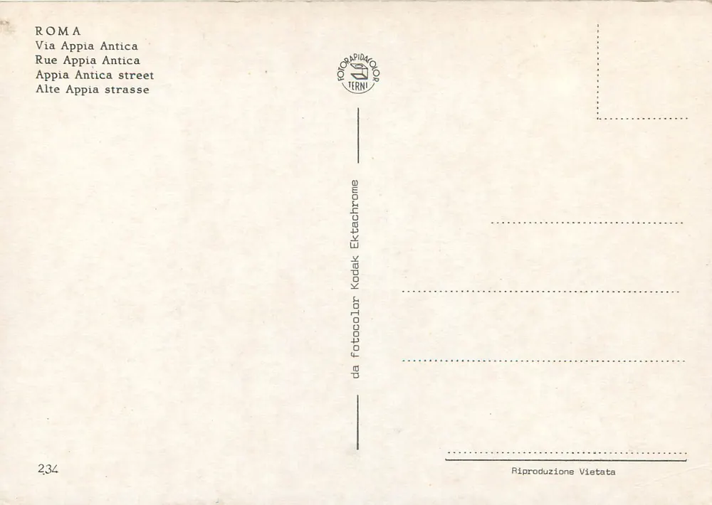 Roma — Ruínas da Via Appia Antica — editor TERNI n°234 - Verso