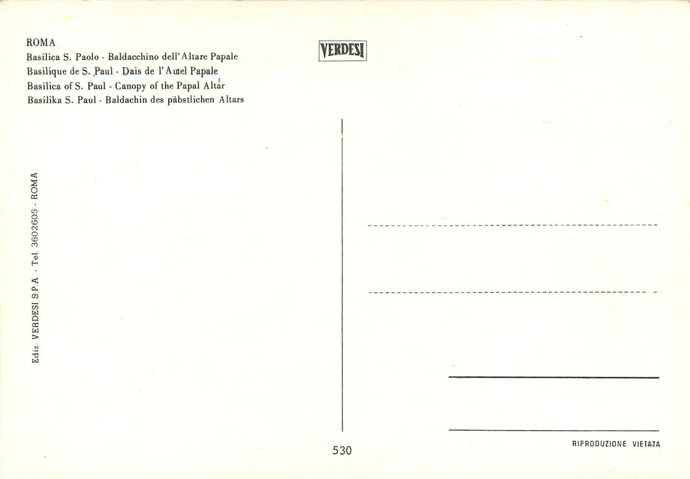 Basílica de São Paulo — Baldacim do altar papal — Editor VERDESI, n° 530 - Verso