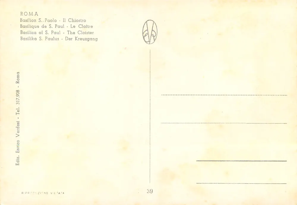 Roma - Basílica S. Paulo - O Claustro — Ediz. Enrico Verdest - n°39 - Verso