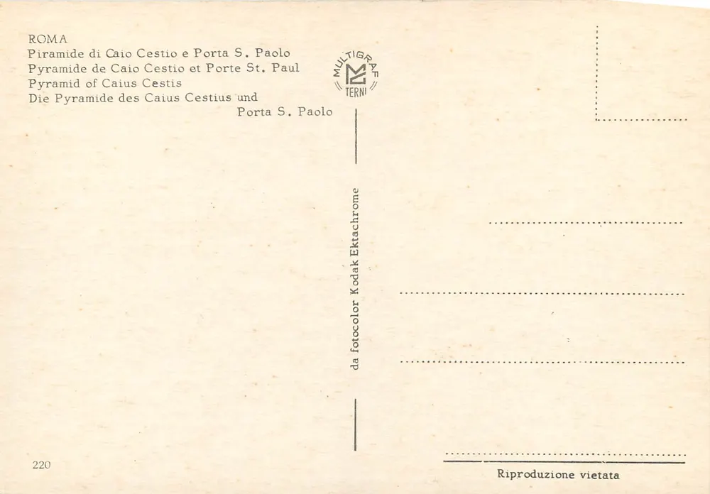 Pyramid of Caio Cestio and Saint Paul's Gate — Multigrap Terni, no. 220 - Back