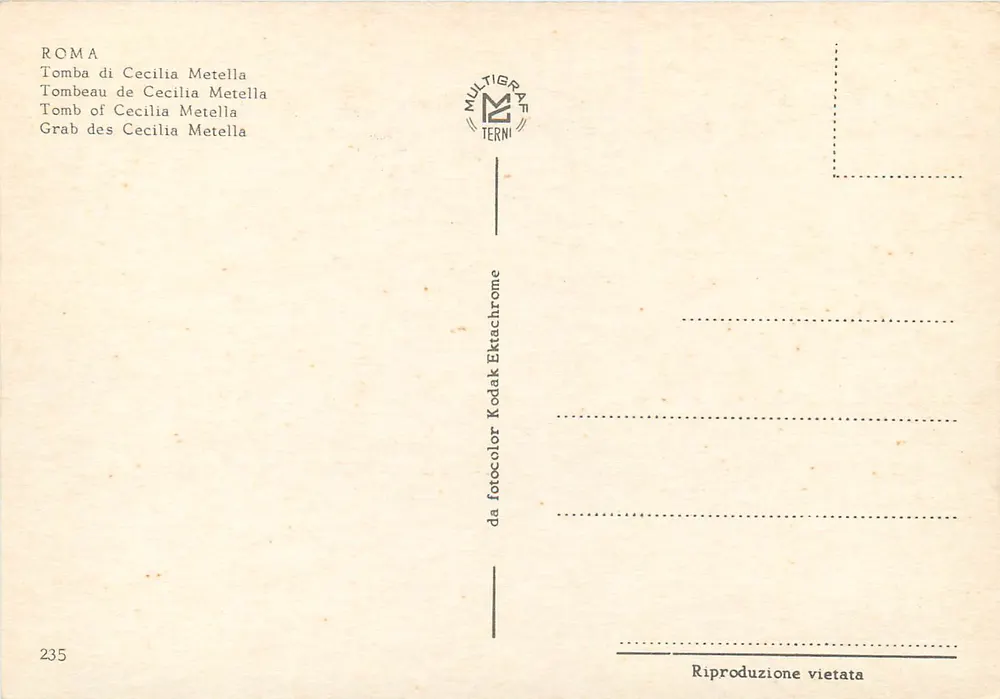 Tumba de Cecília Metella — Roma — Multigrafe Terni, n° 235 - Verso
