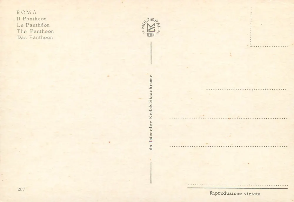 Roma — O Panteão — editor Multigraph Terni, n° 207 - Verso