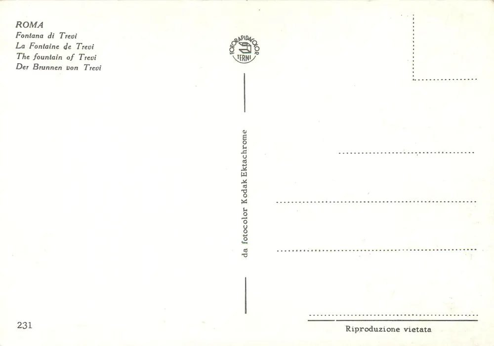 Fontaine de Trevi — Roma — editor TERNI, n° 231 - Verso