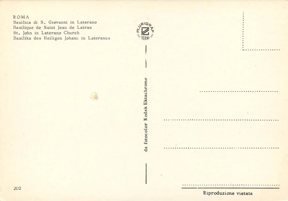 Basílica de São João de Latrão — Roma — editor PLURIGRAF TERNI, n° 202 - Verso