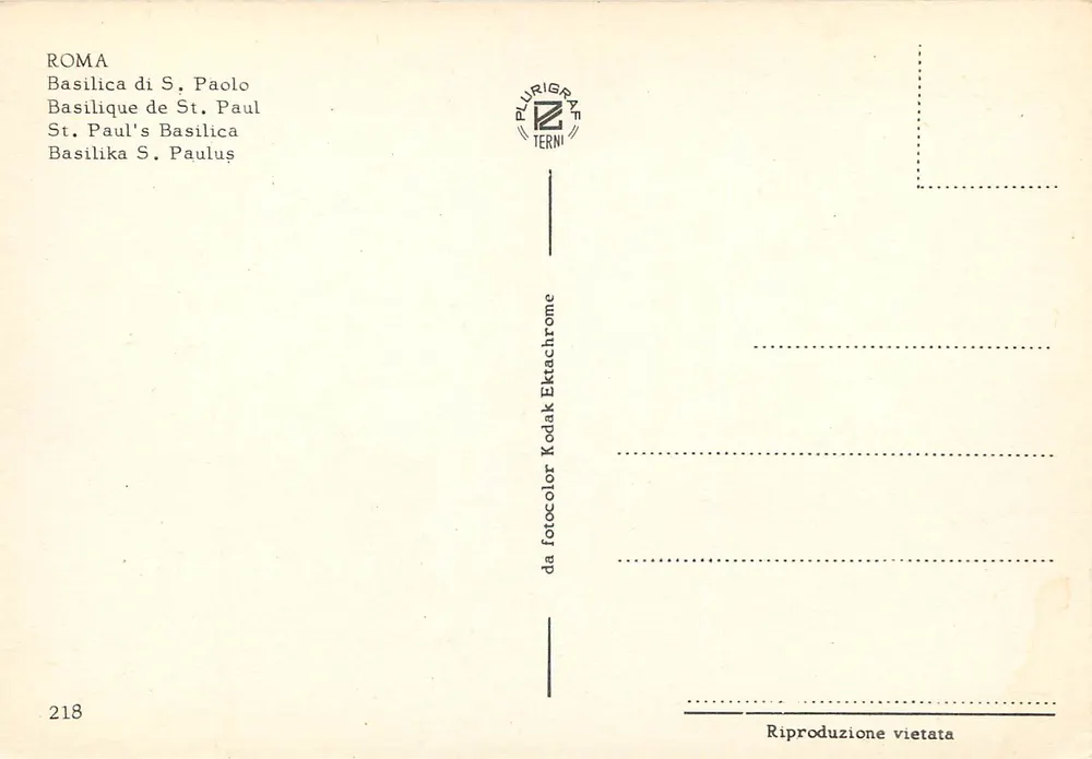 Basílica de São Paulo-Externo — vista da fachada com colunatas e palmeiras — editor Plurigrap Terni, n° 218 - Verso