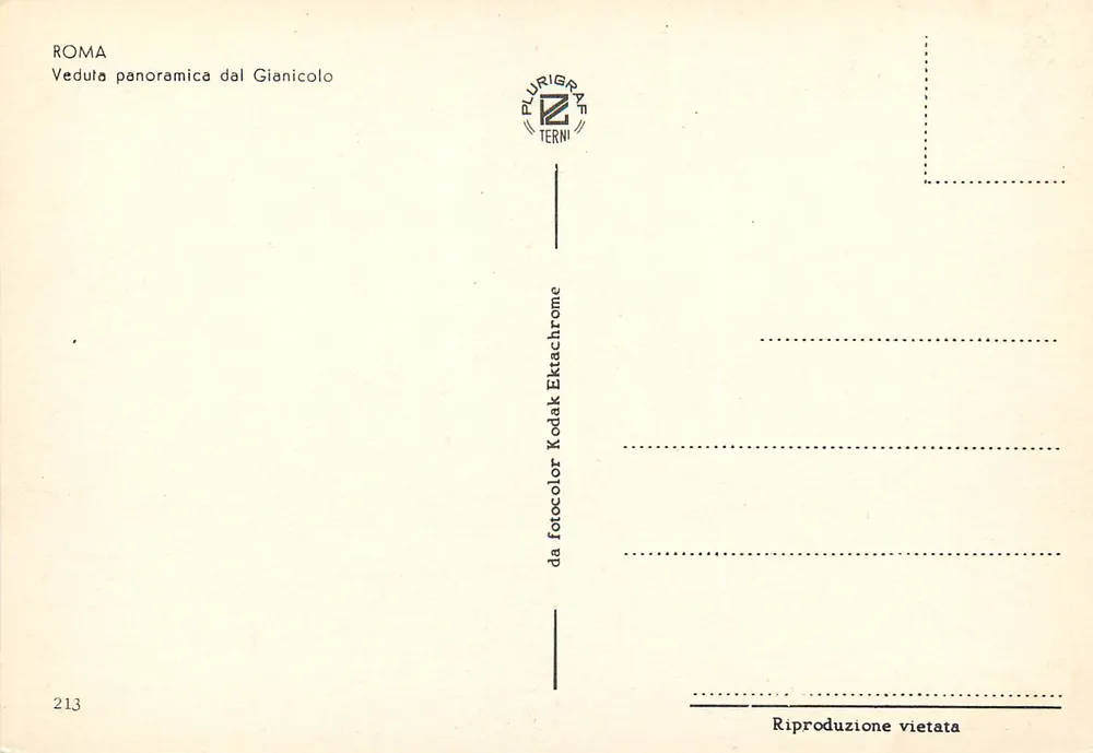 Roma — vista panorâmica do Gianicolo — edição Plurigrafe Terni n°213 - Verso