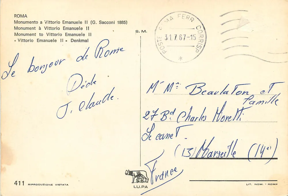Monumento a Vittorio Emanuele II — Roma — editor LU.PA, n° 411 - Verso