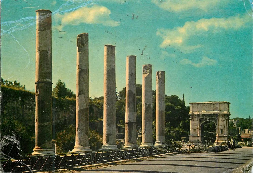 Ruiny Rzymu — Arcus Tytusa i kolumny — wydawca Da Vera Fotocolor, n°221 - Awers