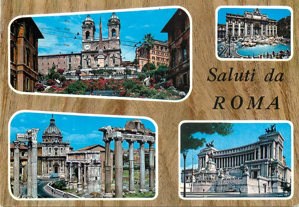 Saluti da ROMA — vista da basílica de San Luigi dei Francesi, da Fontaine di Trevi, das ruínas do Fórum e do Vittoriano - Frente