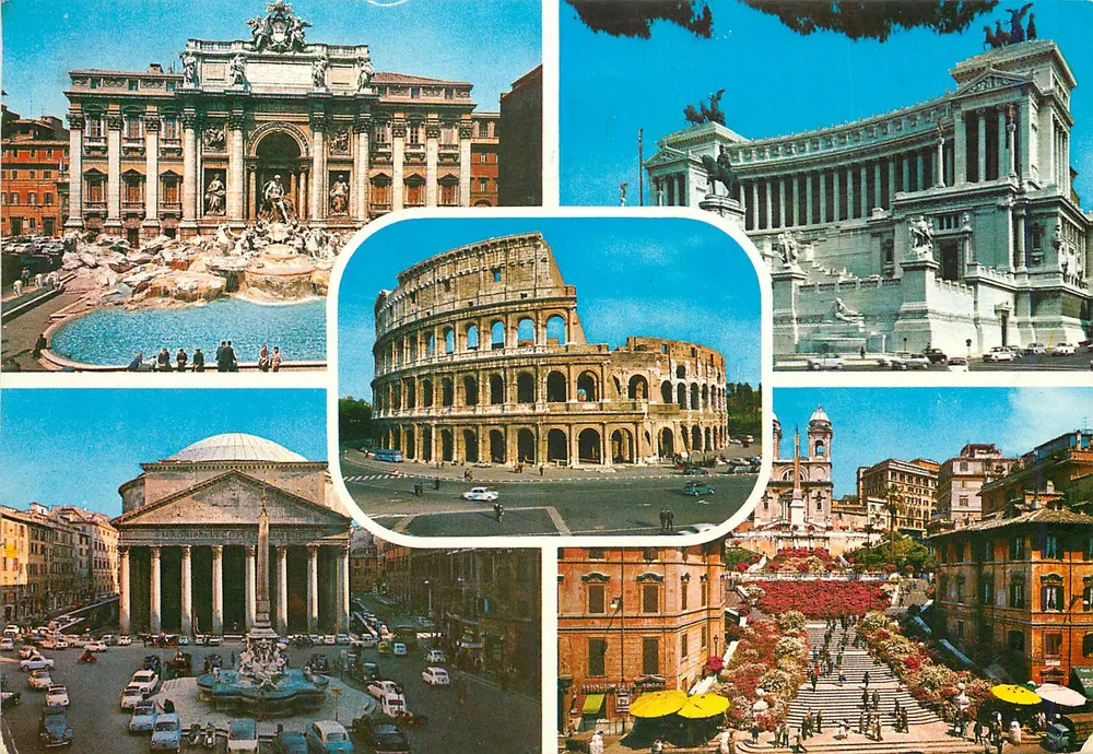Roma — Colagem de monumentos (Fonte de Trevi, Coliseu, Vittoriano, Panthéon, Trinità dei Monti) — Tecnofraf spa - Frente