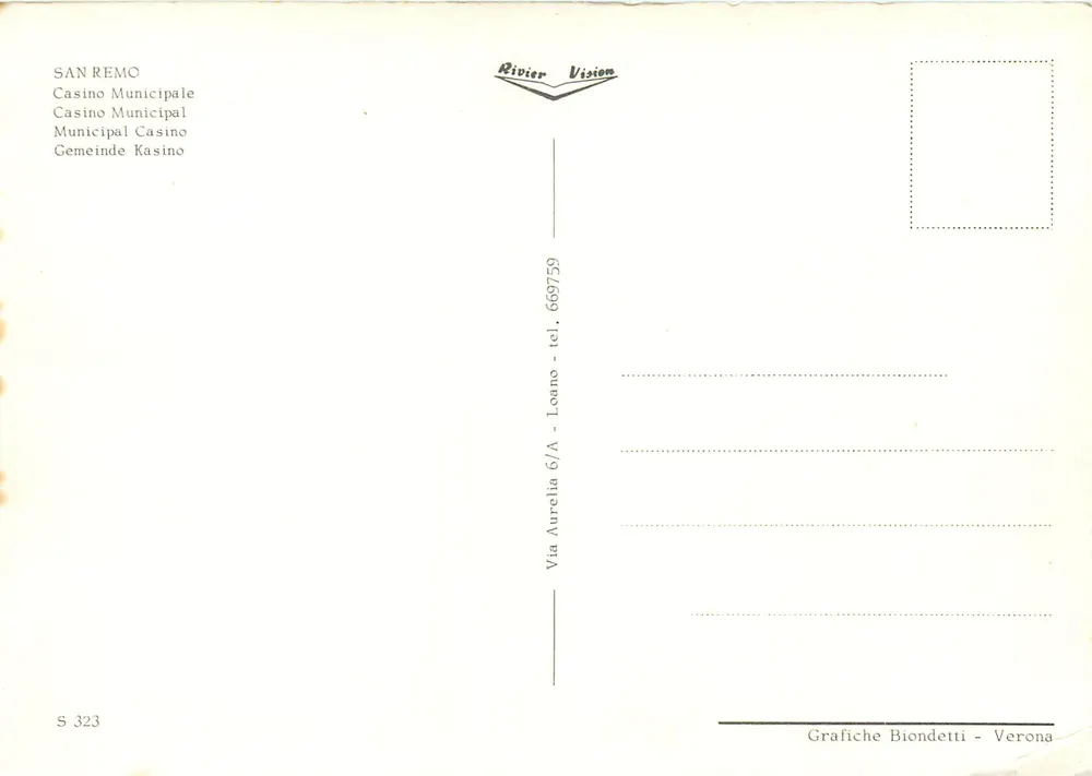 San Remo — Municipal Casino — Rivier Vision, series S 323 - Back