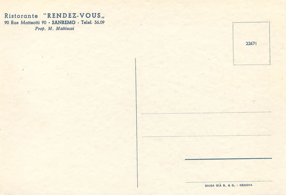 Restaurante Rendez-Vous — Sanremo — SAIGA GIÀ B. & G. Gênova - Verso