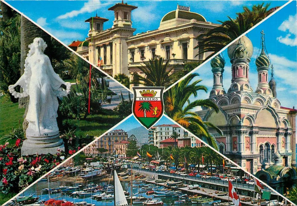 Sanremo — widok panoramiczny z statuą, hotelem, kościołem i portem — Casa delle Cartoline - Awers