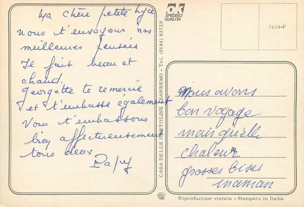 Sanremo — widok panoramiczny z statuą, hotelem, kościołem i portem — Casa delle Cartoline - Rewers