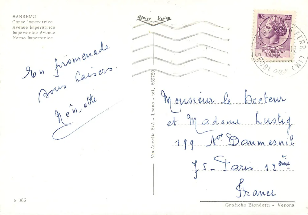 Sanremo — Promenade Imperatrice — Rivier Vision, n° S 366 - Verso