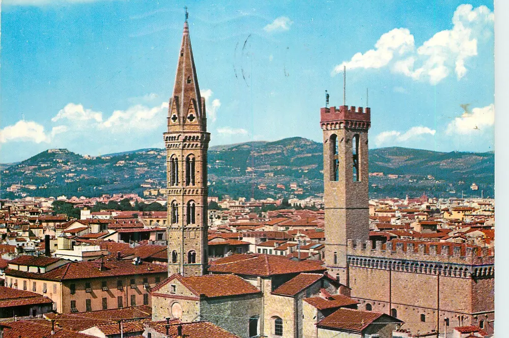 Florencie — Campanile de l'Église de l'Abbaye et Tour du Bargello — Édition Giusti di S. Becocci, série 643 - Recto