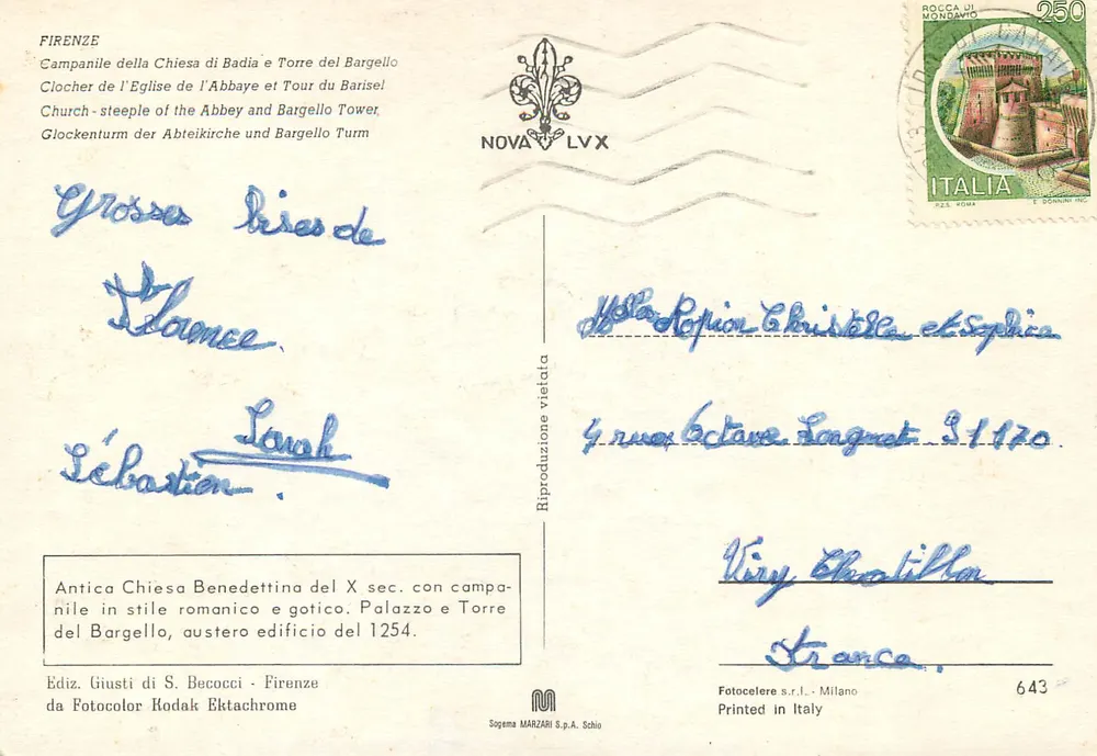 Florencie — Campanile de l'Église de l'Abbaye et Tour du Bargello — Édition Giusti di S. Becocci, série 643 - Verso