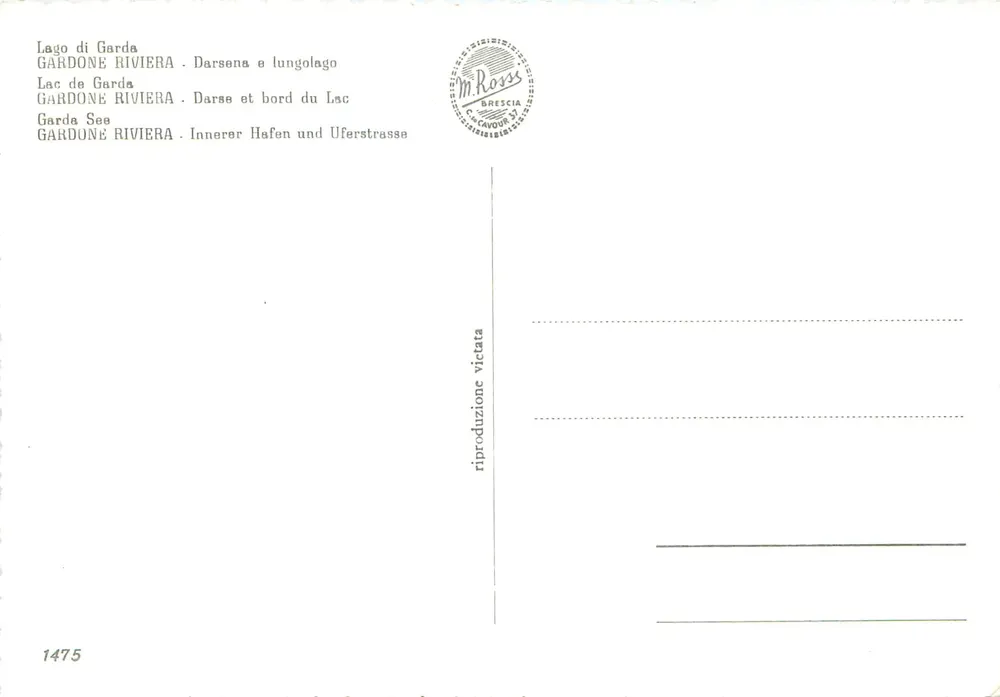 Gardone Riviera — Darsena e lungolago — M. Rossa, Brescia, n° 1475 - Verso