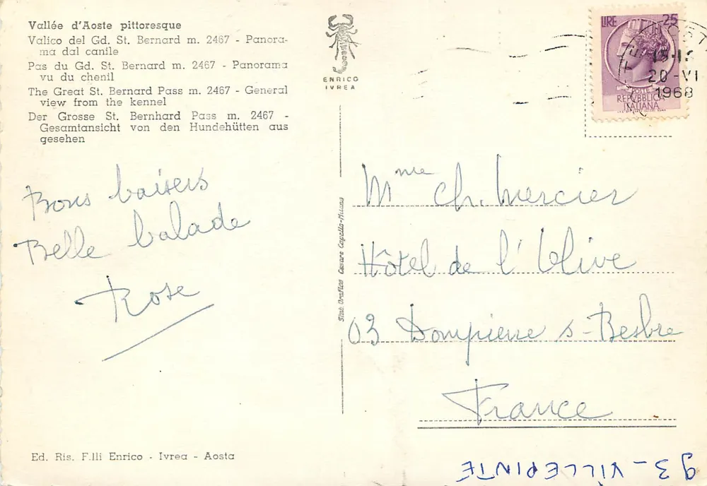 Pittoreske Tal der Aosta — Vallico del Gd. St. Bernard m. 2467 — Ed. Ris. F.lli Enrico - Ivrea - Rückseite