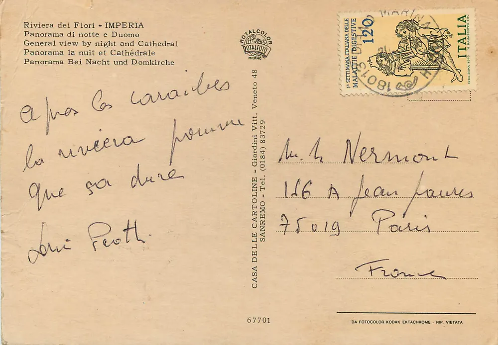 Riviera der Bloemen — IMPERIA — Panorama van 's nachts en Kerk — uitgever Casa delle Cartoline, n° 67701 - Achterkant