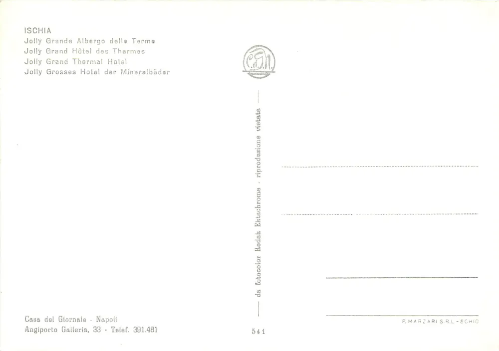 Ischia - Jolly Grande Albergo delle Terme — éditeur P. Marzari S.R.L. - Schio, n° 541 - Verso