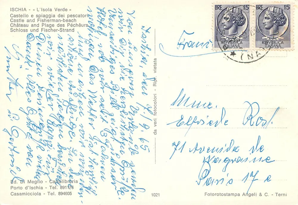 Ischia - L'Isola Verde — Castello e spiaggia dei pescatori — Ed. Di Meglio, Porto d'Ischia, n° 1021 - Verso