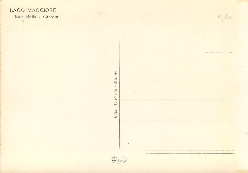 Isola Bella - Gardens — Lake Maggiore — Publisher A. Preda Milano - Back