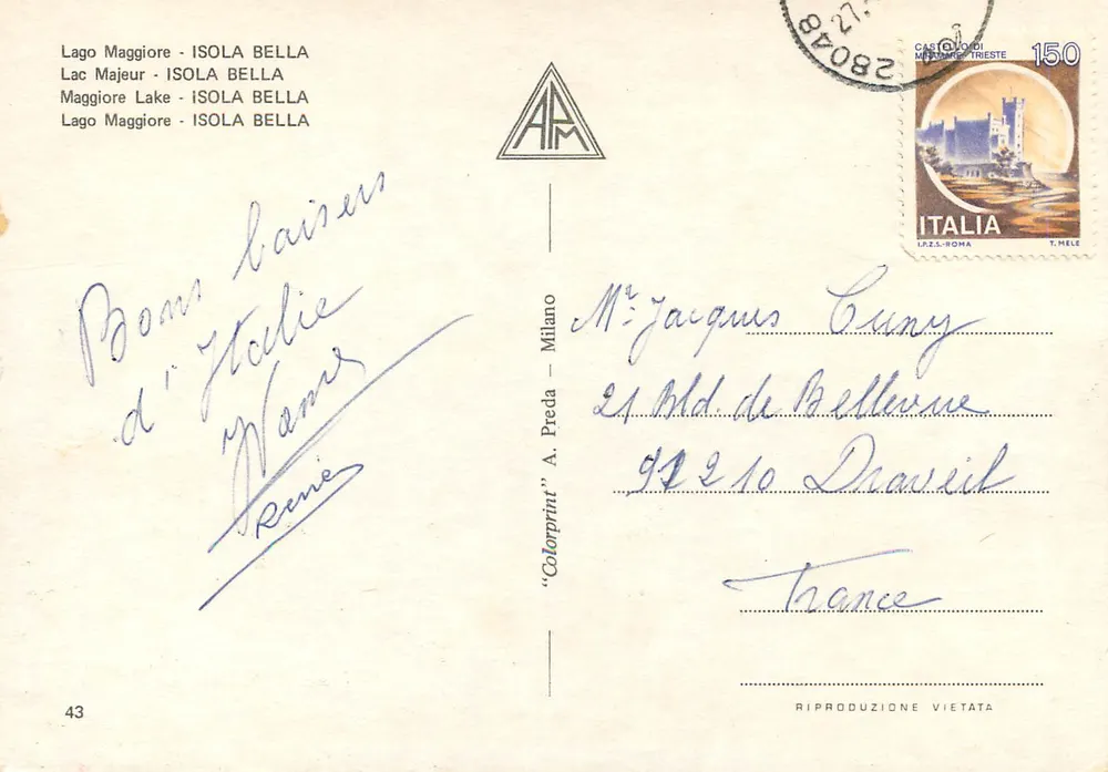 Lago Maggiore - ISOLA BELLA — vista com cerejeiras em flor e rosas — editor A. Preda, n°43 - Verso