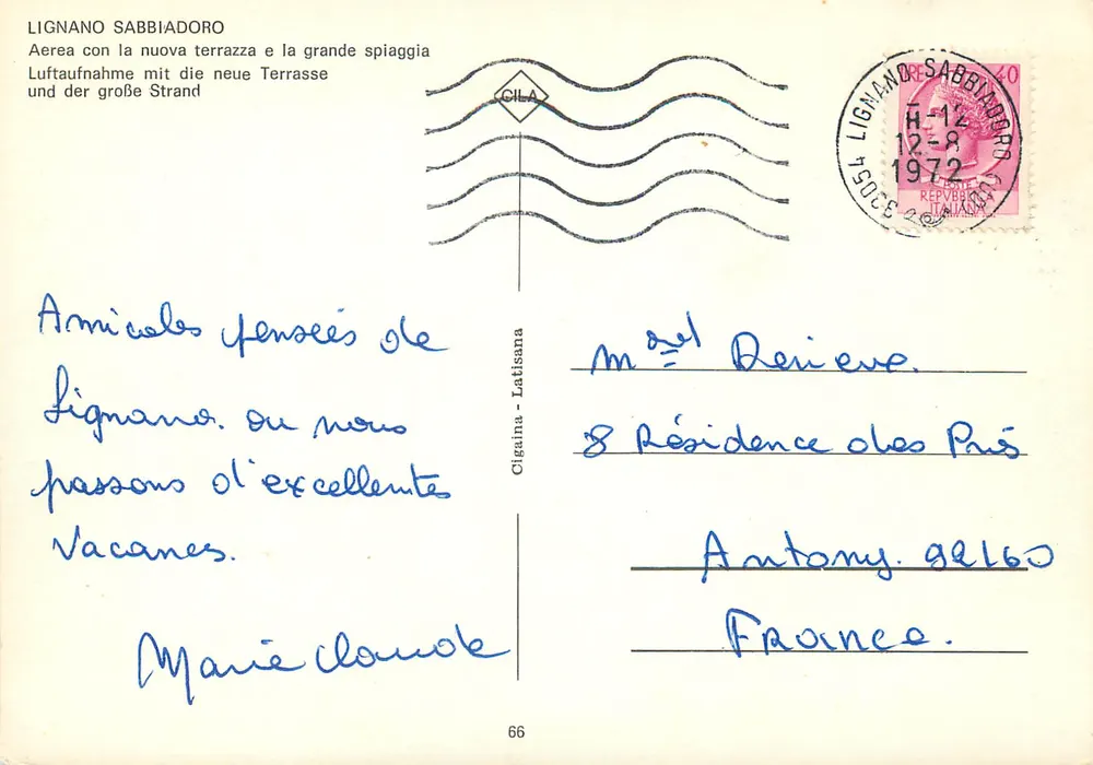 Lignano Sabbiadoro — vue aérienne avec la nouvelle terrasse et la grande plage — éditeur CIGALINA, n°66 - Verso