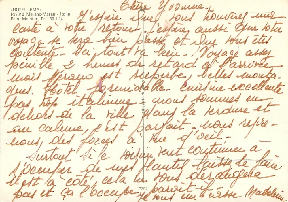 Hotel Irma — Merano, Itália — Fam. Meister, n°7294 - Verso