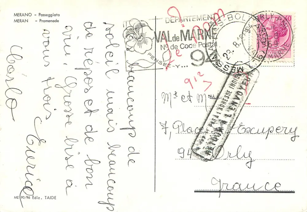 Merano - Passeggiata — MERAN - Promenade — Editor TAIDE, n° 90/96 - Verso