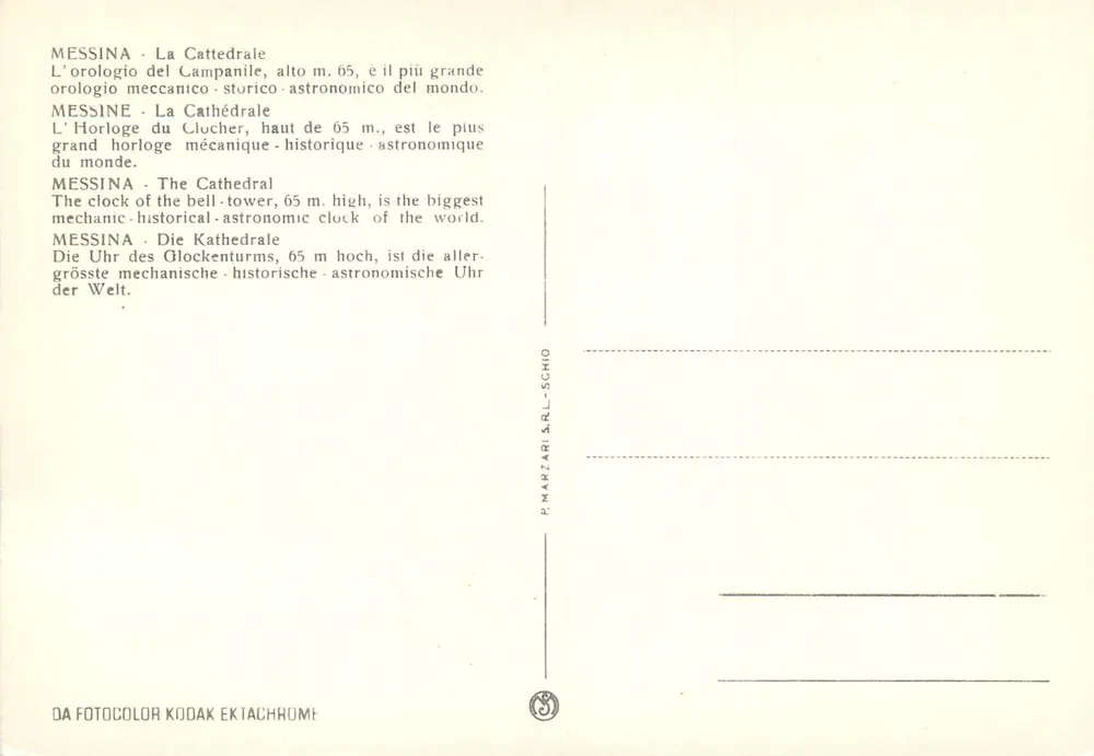 Messina - Die Kathedrale — Turm des Campaniles mit mechanischer-astrologischer Uhr — P. Marzari S.r.l.-Schio - Rückseite