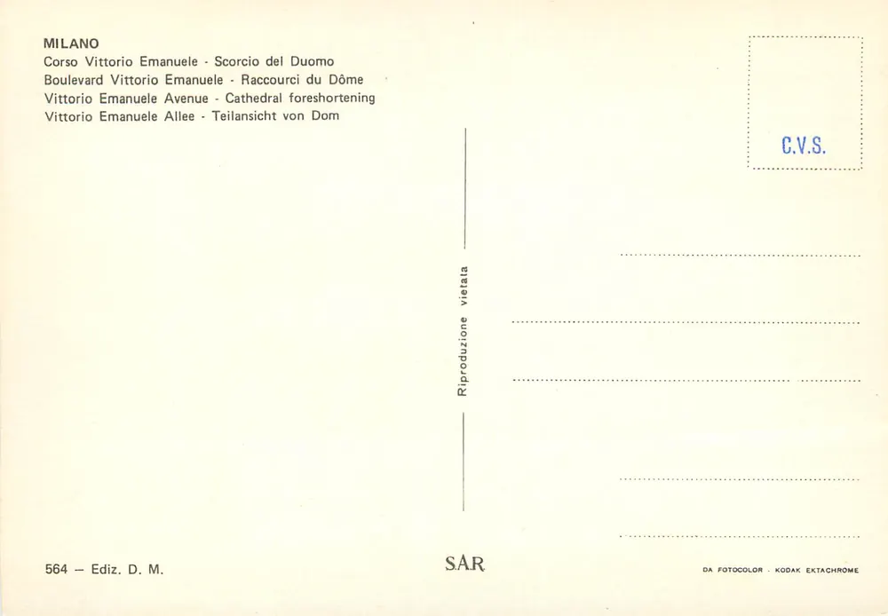 Milano — Cathédrale du Duomo — vue depuis Corso Vittorio Emanuele — édition D.M. n°564 - Verso