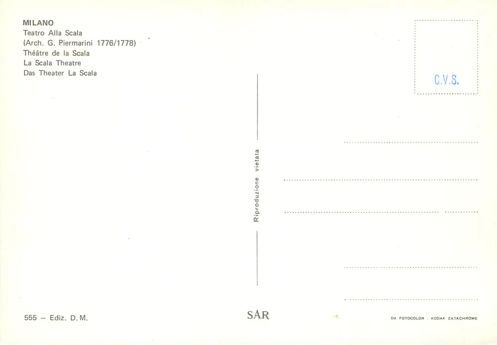 मिलान - टेआट्रो अल्ला स्काला — आर्क. जी. पियरमारिनी 1776/1778 — SAR संख्या 555 - पीछे